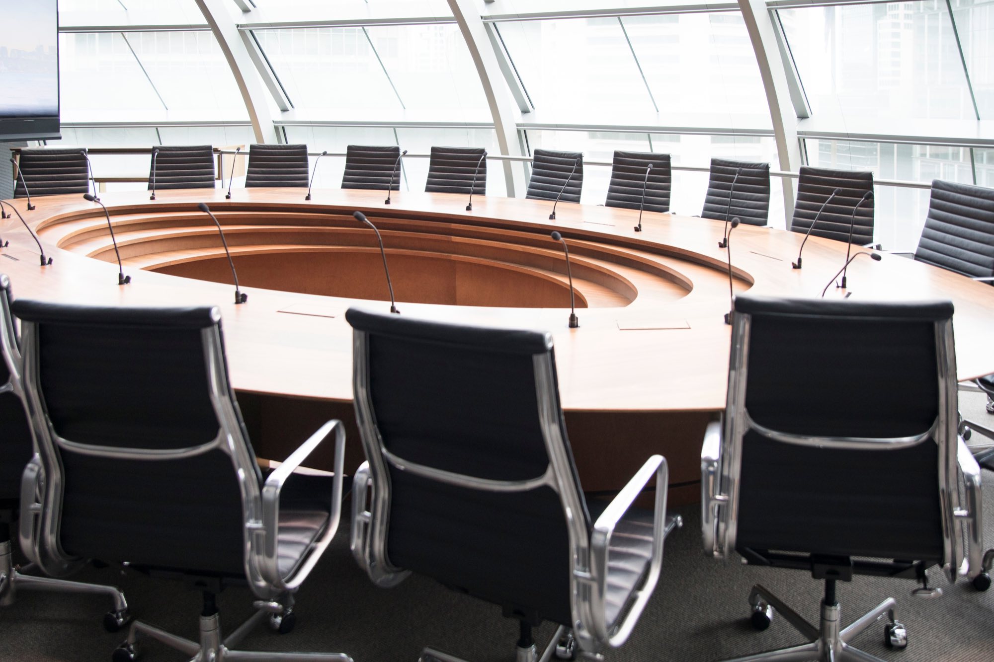 A round arbitration table with microphones